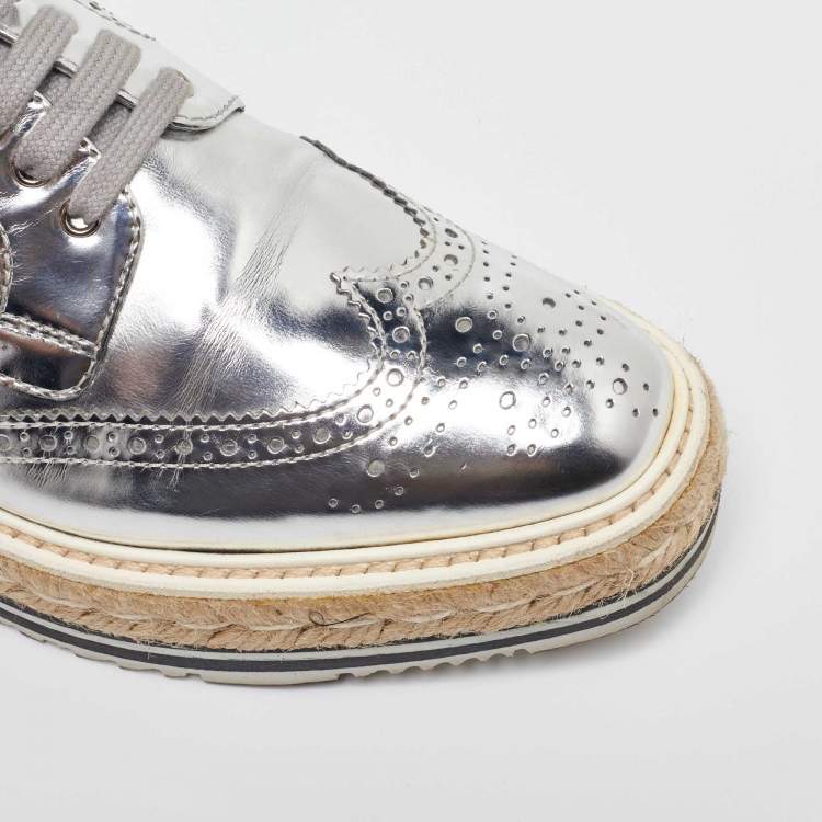 Pre Owned Prada Silver Brogue Leather Wave Wingtip Espadrille Platform Derby Sneakers Size 38