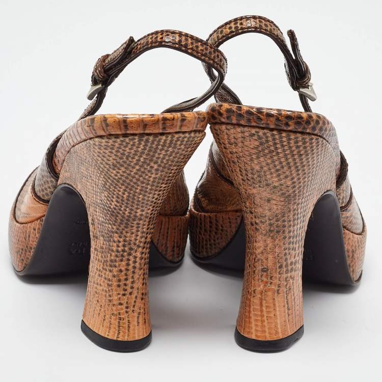 Pre Owned Prada Beige/Black Lizard Ankle Strap Peep Toe Sandals Size 36