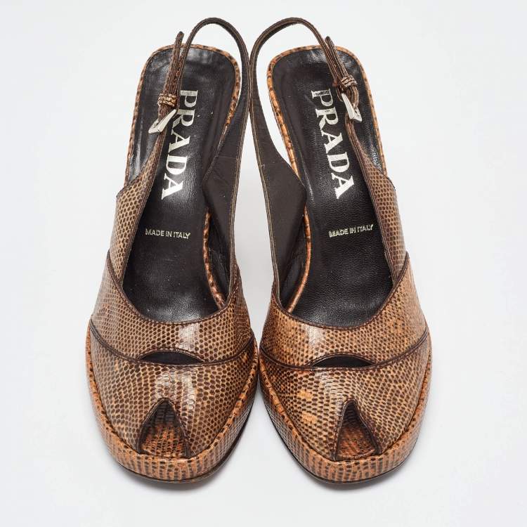 Pre Owned Prada Beige/Black Lizard Ankle Strap Peep Toe Sandals Size 36