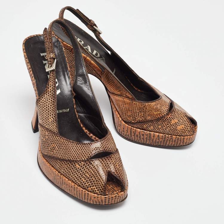 Pre Owned Prada Beige/Black Lizard Ankle Strap Peep Toe Sandals Size 36