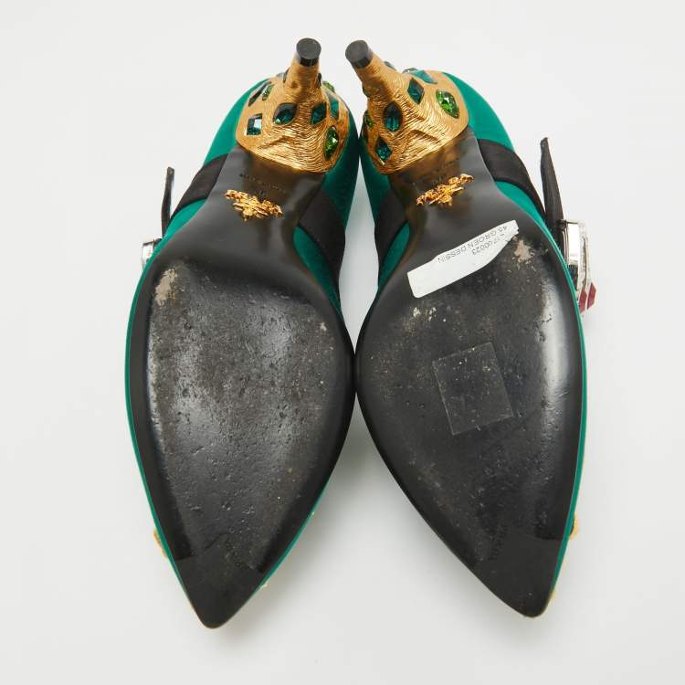 Pre Owned Prada Green Satin Crystal Embellished  Mary Jane Pumps Size 36