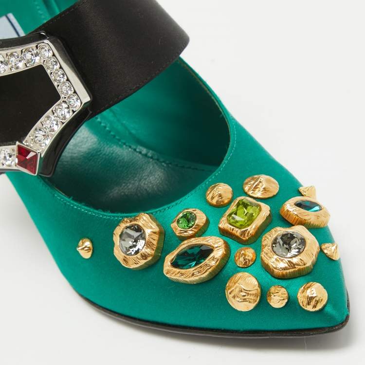 Pre Owned Prada Green Satin Crystal Embellished  Mary Jane Pumps Size 36