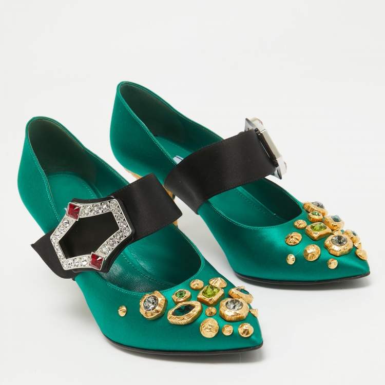 Pre Owned Prada Green Satin Crystal Embellished  Mary Jane Pumps Size 36