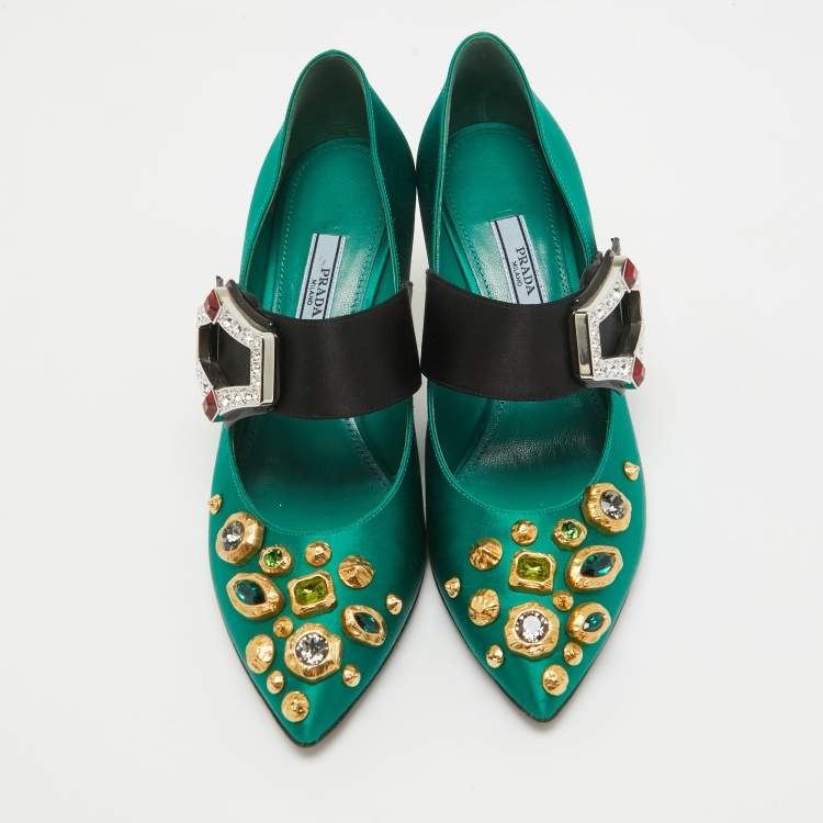 Pre Owned Prada Green Satin Crystal Embellished  Mary Jane Pumps Size 36