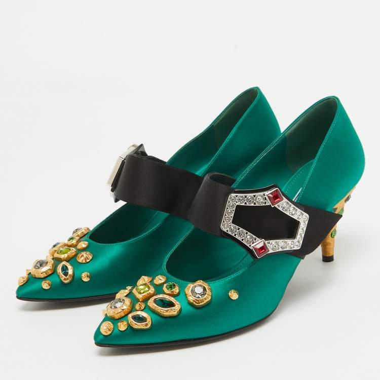 Pre Owned Prada Green Satin Crystal Embellished  Mary Jane Pumps Size 36