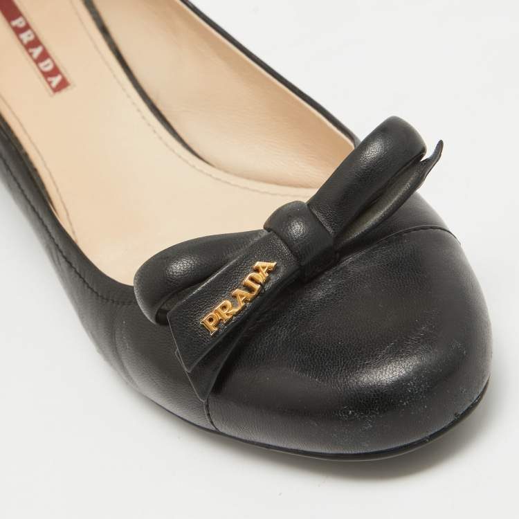 Pre Owned Prada Sports Black Leather Bow Block Heel Round Toe Pumps Size 36.5
