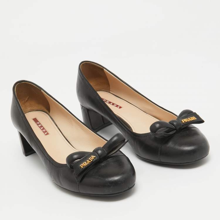 Pre Owned Prada Sports Black Leather Bow Block Heel Round Toe Pumps Size 36.5