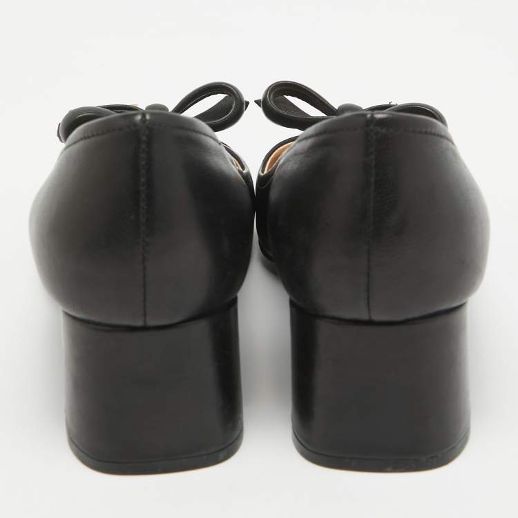 Pre Owned Prada Sports Black Leather Bow Block Heel Round Toe Pumps Size 36.5