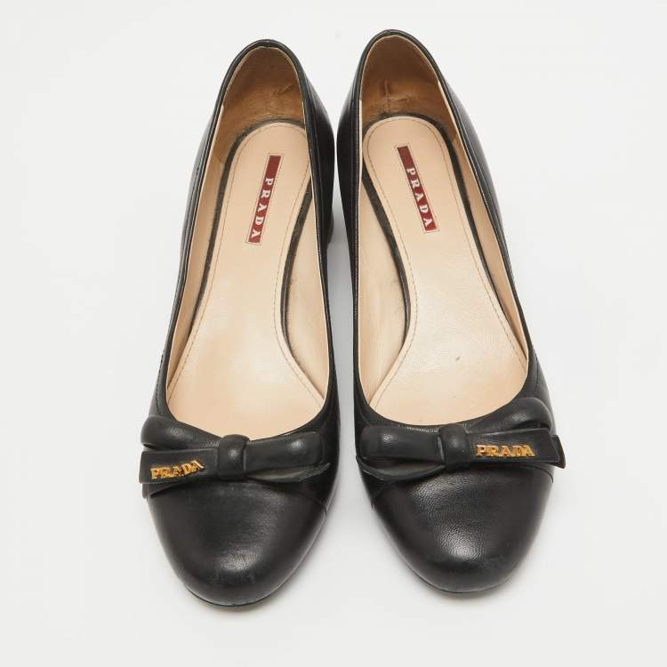 Pre Owned Prada Sports Black Leather Bow Block Heel Round Toe Pumps Size 36.5