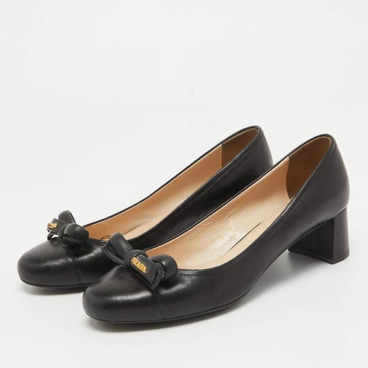 Pre Owned Prada Sports Black Leather Bow Block Heel Round Toe Pumps Size 36.5
