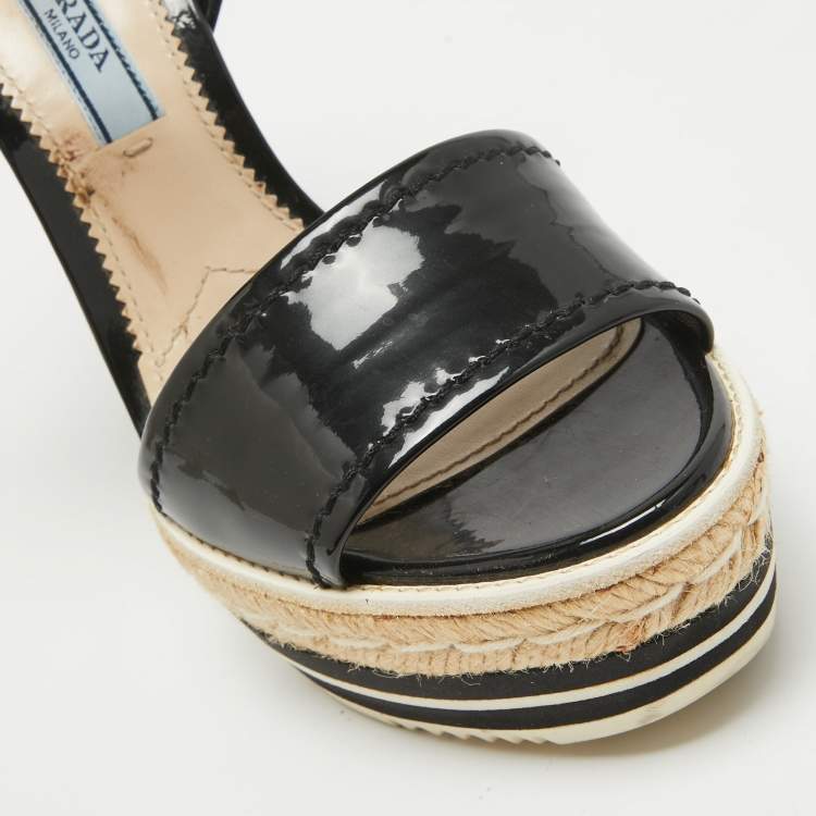 Pre Owned Prada Black Patent Leather Espadrille Platform Ankle Strap Sandals Size 36.5