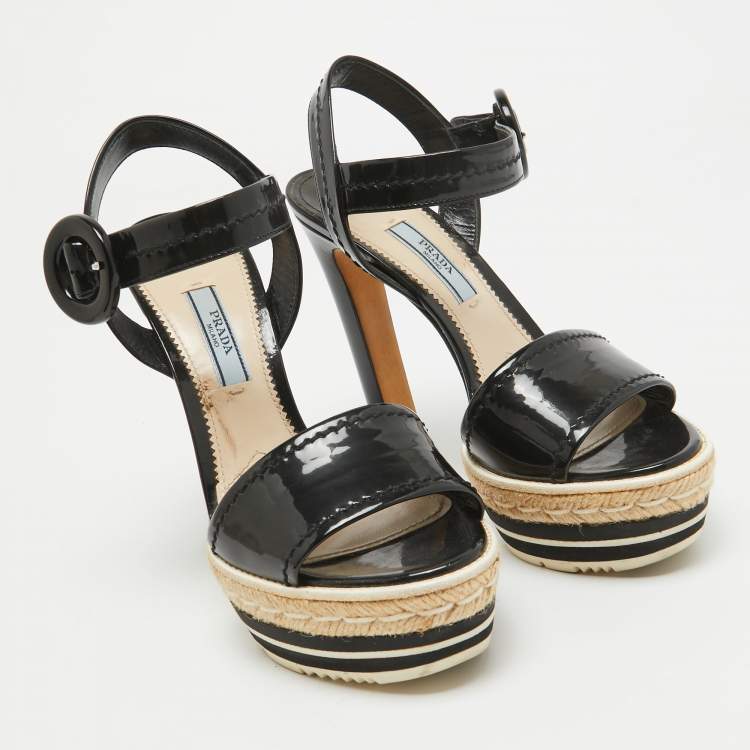 Pre Owned Prada Black Patent Leather Espadrille Platform Ankle Strap Sandals Size 36.5
