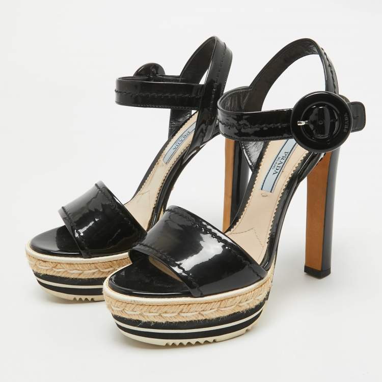 Pre Owned Prada Black Patent Leather Espadrille Platform Ankle Strap Sandals Size 36.5