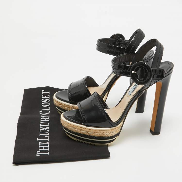 Pre Owned Prada Black Patent Leather Espadrille Platform Ankle Strap Sandals Size 36.5
