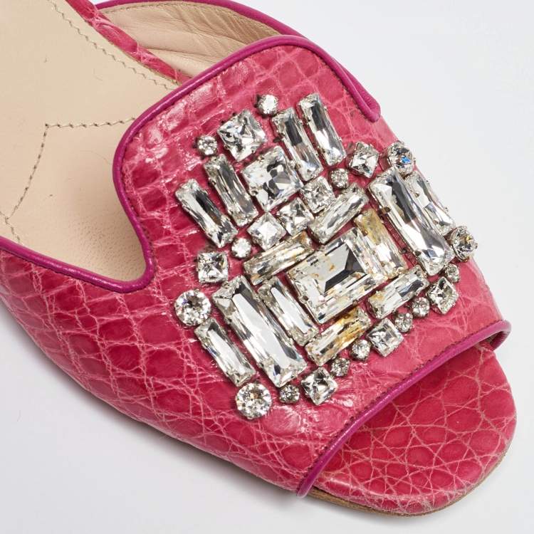 Pre Owned Prada Pink Crocodile Crystal Embellished Flat Slides Size 37.5