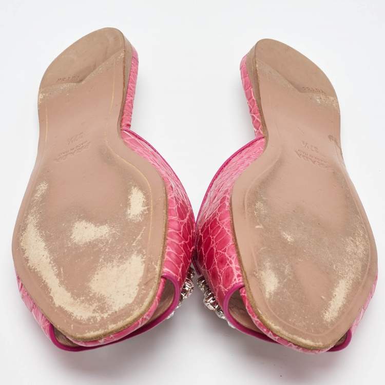 Pre Owned Prada Pink Crocodile Crystal Embellished Flat Slides Size 37.5