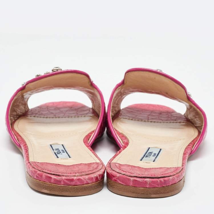 Pre Owned Prada Pink Crocodile Crystal Embellished Flat Slides Size 37.5