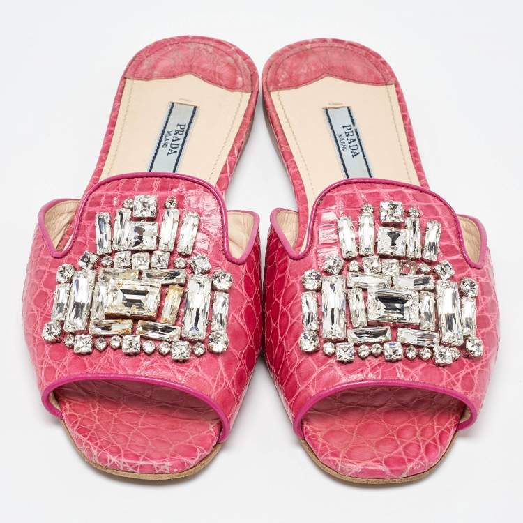 Pre Owned Prada Pink Crocodile Crystal Embellished Flat Slides Size 37.5