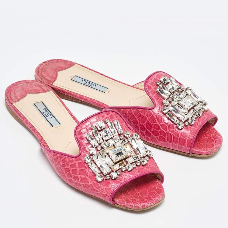 Pre Owned Prada Pink Crocodile Crystal Embellished Flat Slides Size 37.5