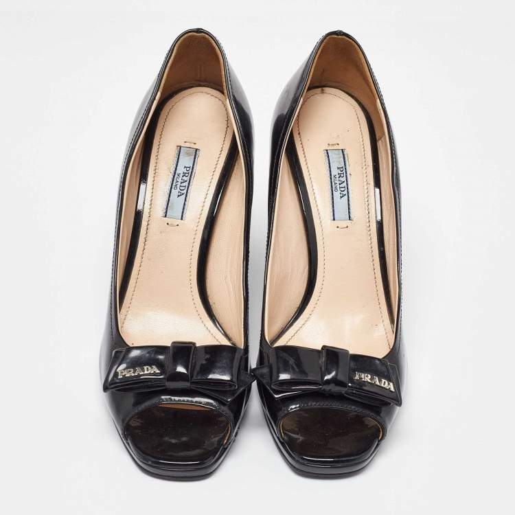 Pre Owned Prada Black Patent Leather Bow Peep Toe Wedge Pumps Size 39