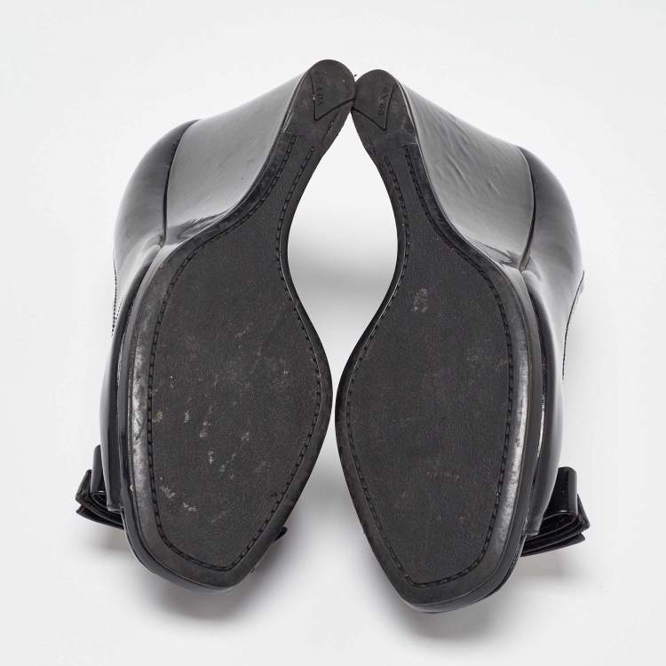 Pre Owned Prada Black Patent Leather Bow Peep Toe Wedge Pumps Size 39