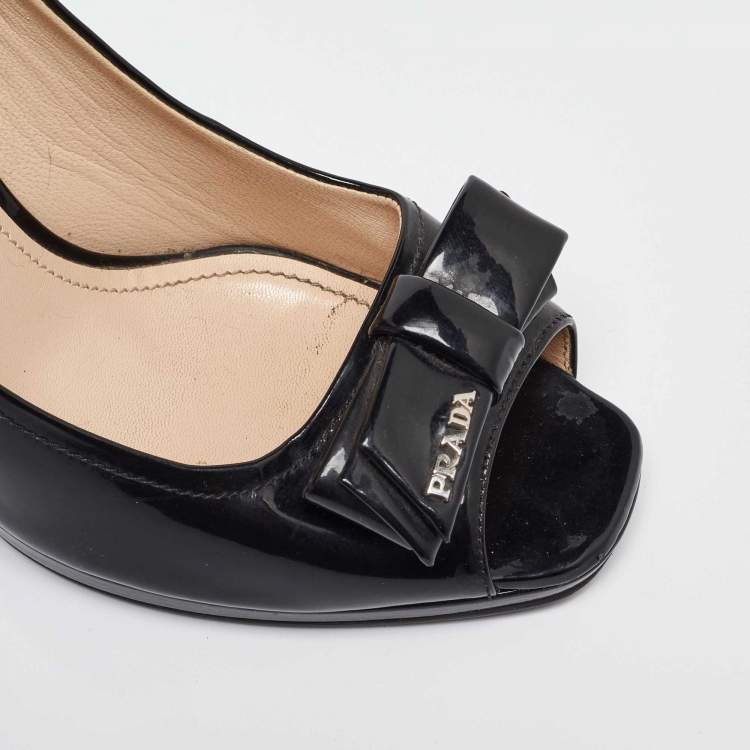 Pre Owned Prada Black Patent Leather Bow Peep Toe Wedge Pumps Size 39