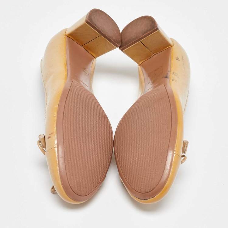 Pre Owned Prada Beige Patent Leather Bow Block Heel Pumps Size 36.5