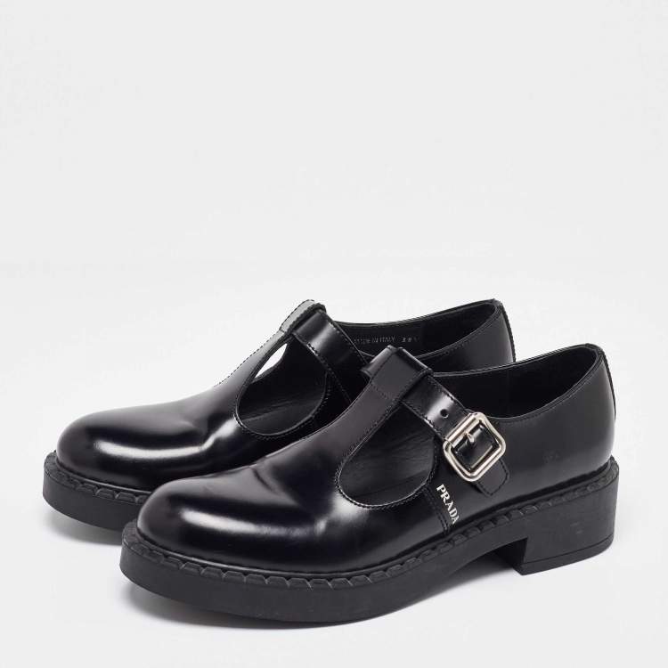 Pre Owned Prada Black Leather Mary Jane Loafers Size 38.5