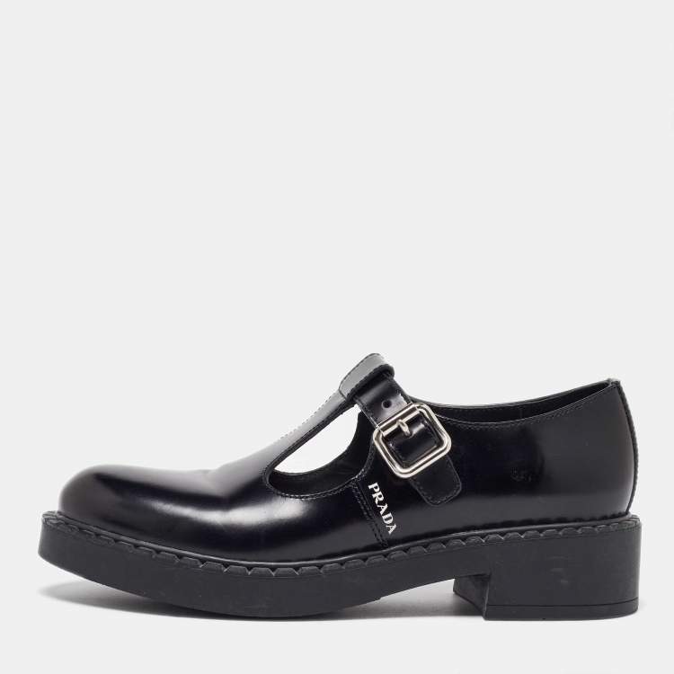 Pre Owned Prada Black Leather Mary Jane Loafers Size 38.5