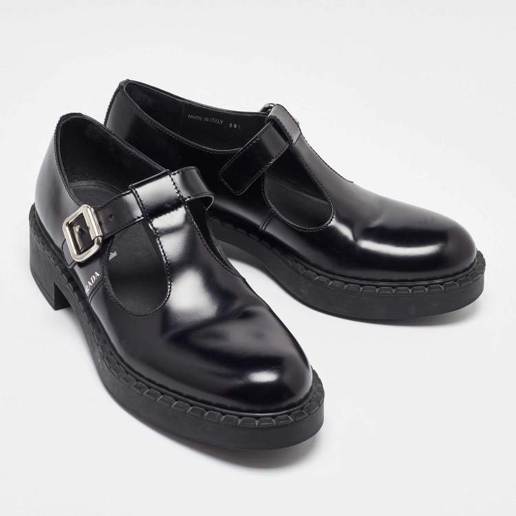 Pre Owned Prada Black Leather Mary Jane Loafers Size 38.5
