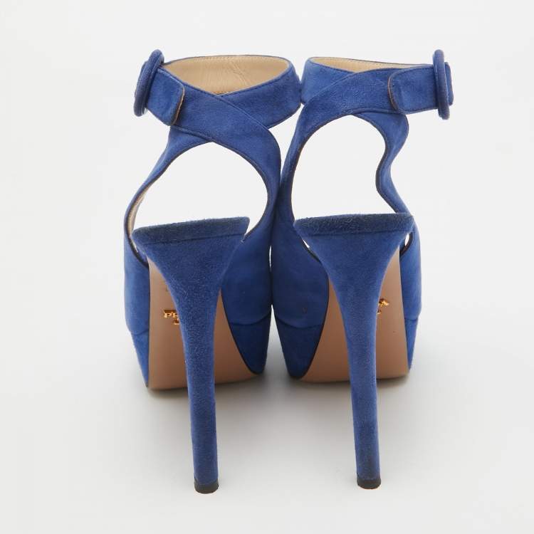 Pre Owned Prada Blue Suede Peep Toe Platform Ankle Strap Sandals Size 36.5
