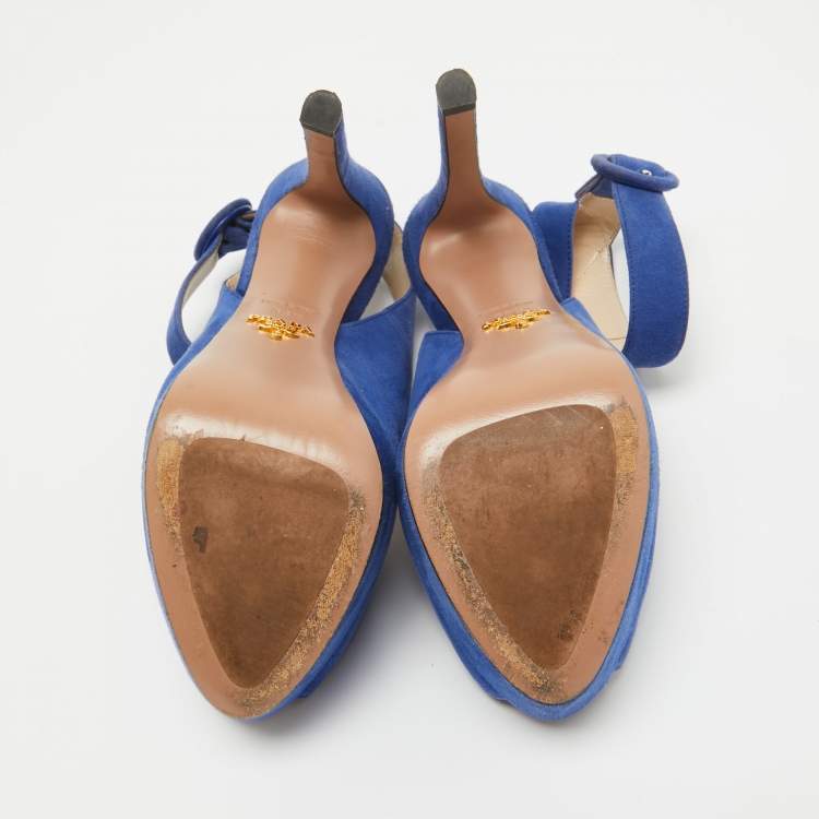 Pre Owned Prada Blue Suede Peep Toe Platform Ankle Strap Sandals Size 36.5