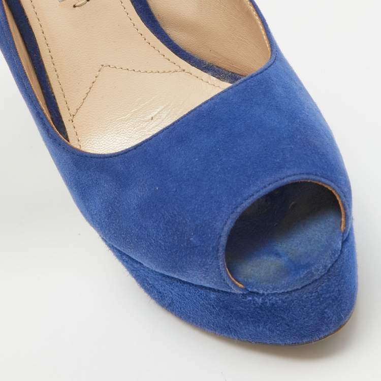 Pre Owned Prada Blue Suede Peep Toe Platform Ankle Strap Sandals Size 36.5