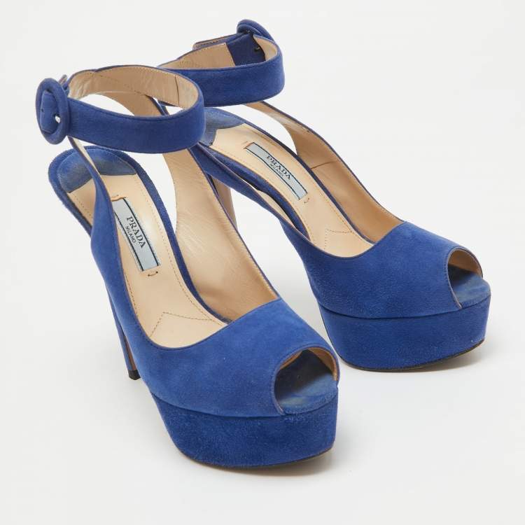 Pre Owned Prada Blue Suede Peep Toe Platform Ankle Strap Sandals Size 36.5