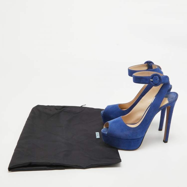 Pre Owned Prada Blue Suede Peep Toe Platform Ankle Strap Sandals Size 36.5