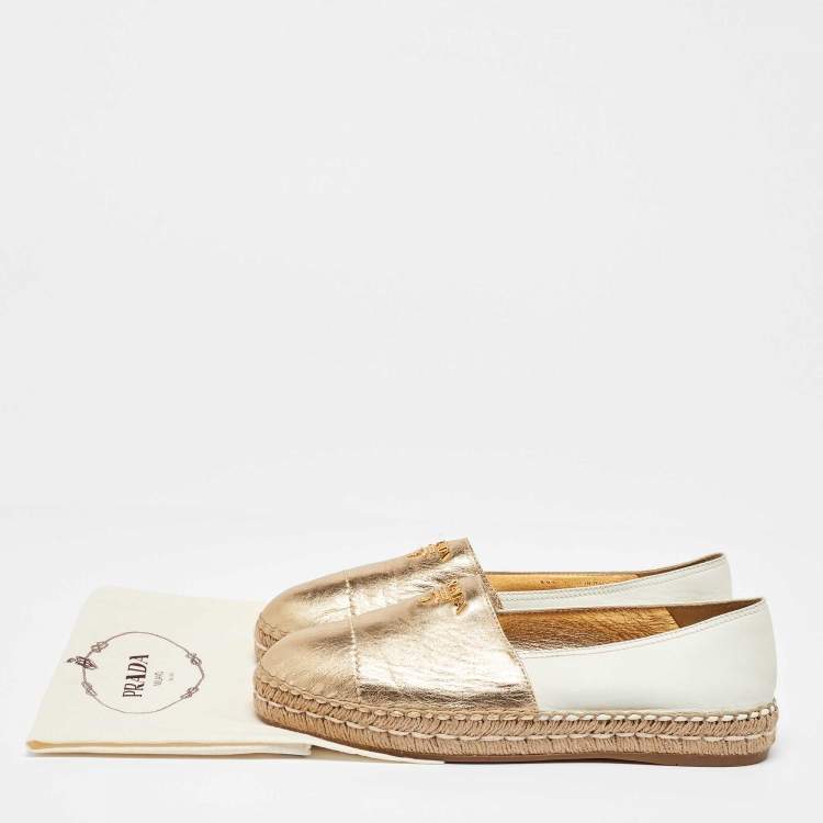 Pre Owned Prada Gold/White Leather Espadrille Flats Size 39.5