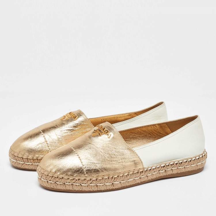 Pre Owned Prada Gold/White Leather Espadrille Flats Size 39.5