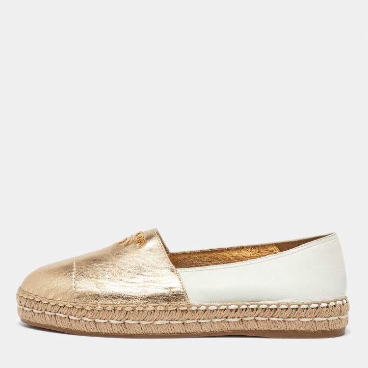 Pre Owned Prada Gold/White Leather Espadrille Flats Size 39.5
