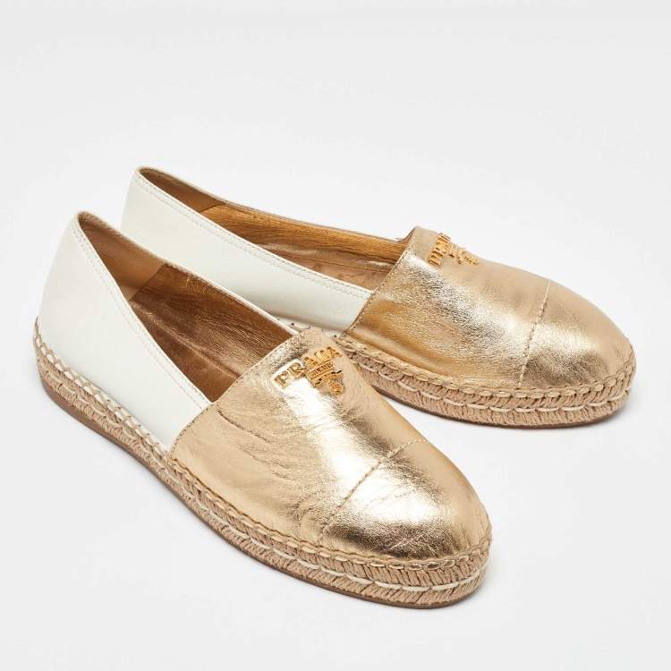 Pre Owned Prada Gold/White Leather Espadrille Flats Size 39.5