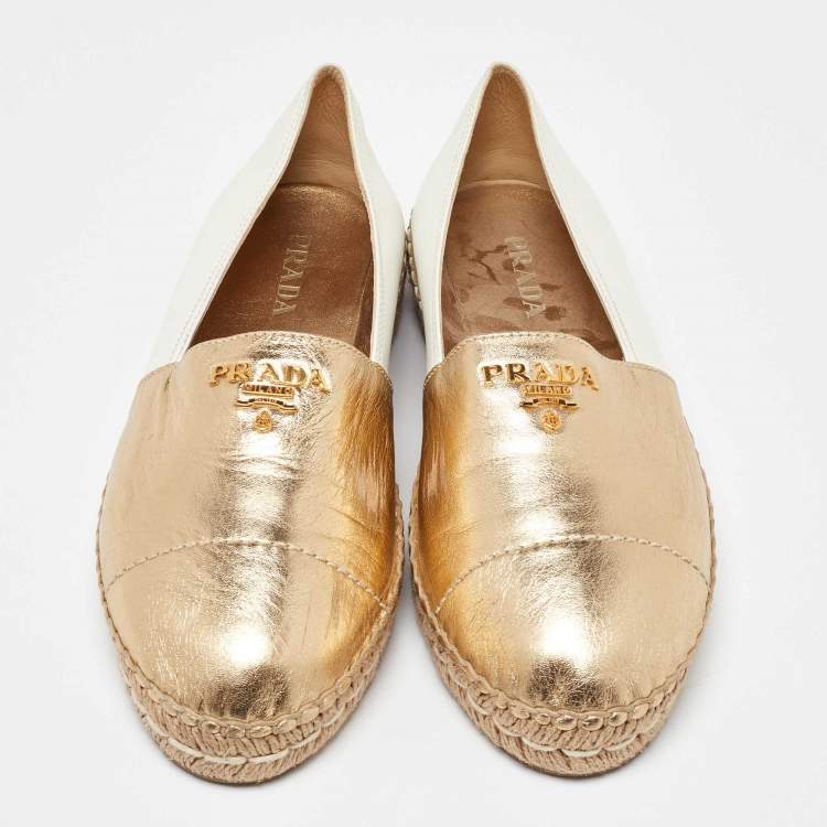 Pre Owned Prada Gold/White Leather Espadrille Flats Size 39.5