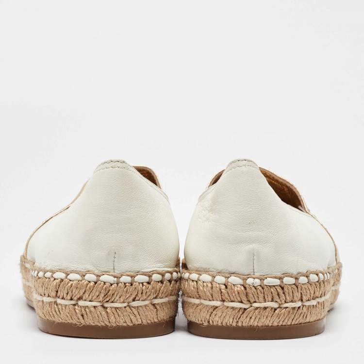 Pre Owned Prada Gold/White Leather Espadrille Flats Size 39.5