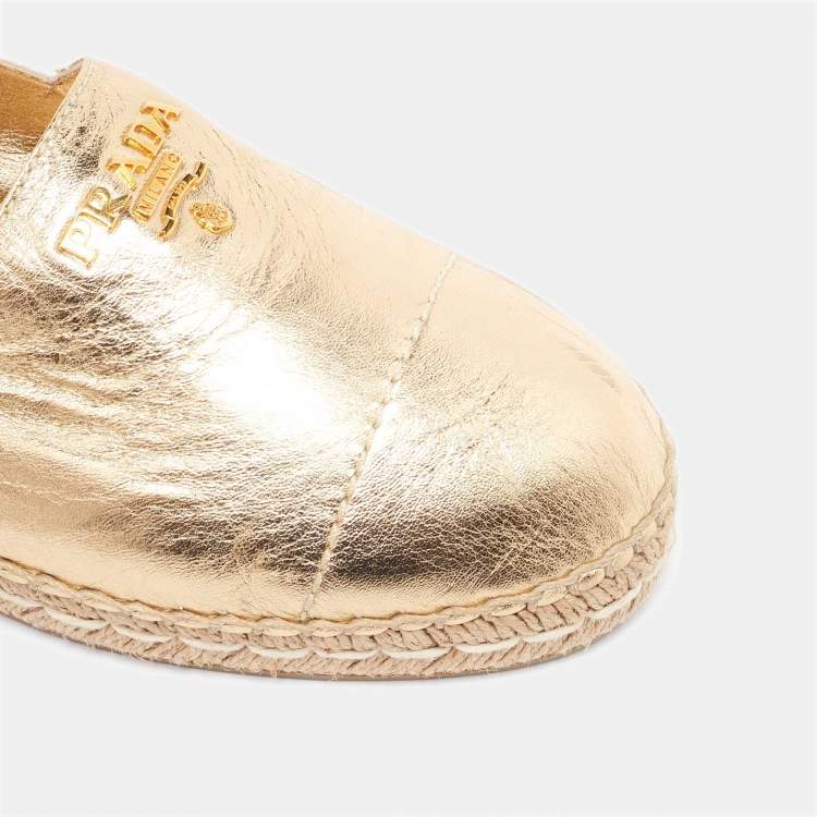 Pre Owned Prada Gold/White Leather Espadrille Flats Size 39.5