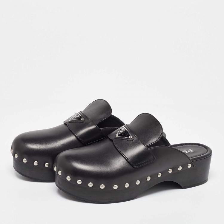 Pre Owned Prada Black Leather Studded Platform Mules Size 42