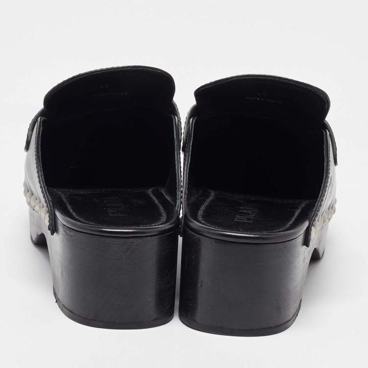 Pre Owned Prada Black Leather Studded Platform Mules Size 42