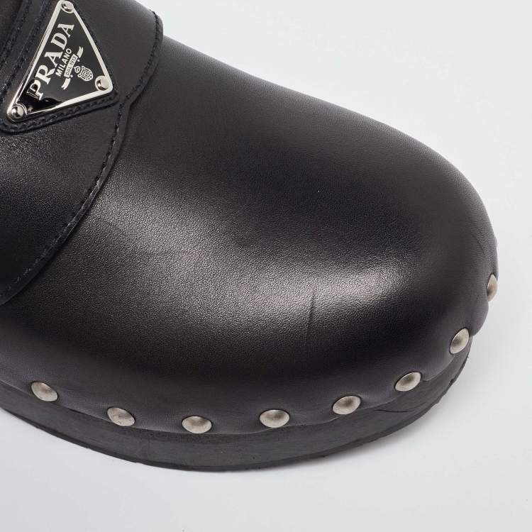 Pre Owned Prada Black Leather Studded Platform Mules Size 42