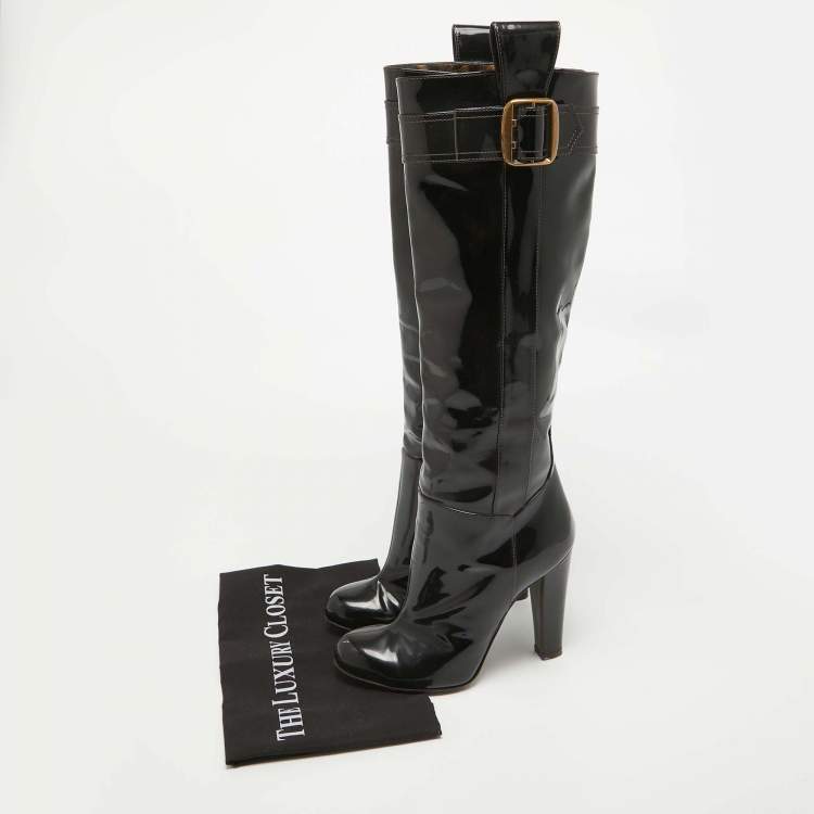 Pre Owned D&G Black Patent Leather Buckle Detail Over The Knee Length Boots Size 38.5