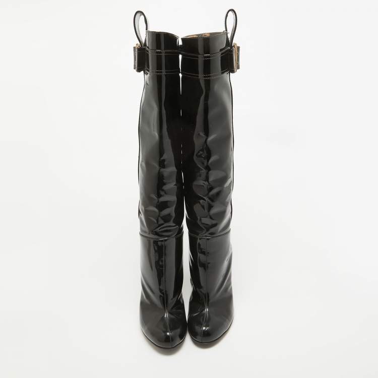Pre Owned D&G Black Patent Leather Buckle Detail Over The Knee Length Boots Size 38.5