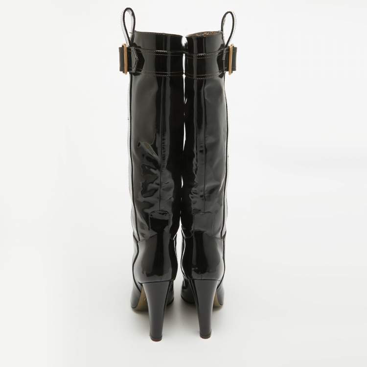 Pre Owned D&G Black Patent Leather Buckle Detail Over The Knee Length Boots Size 38.5