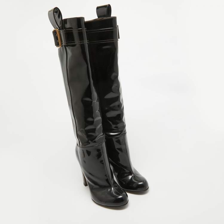 Pre Owned D&G Black Patent Leather Buckle Detail Over The Knee Length Boots Size 38.5