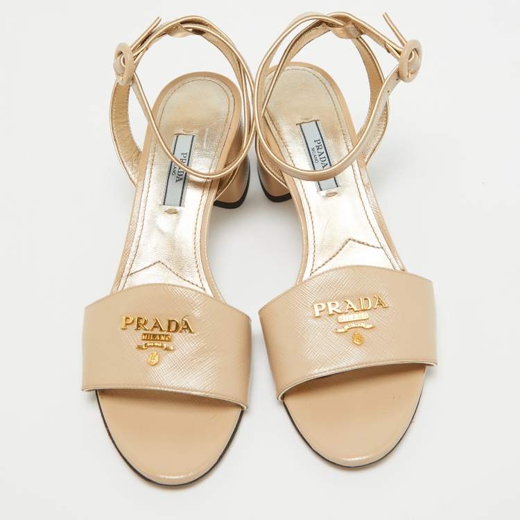 Pre Owned Prada Beige Saffiano Patent Leather Ankle Strap Sandals Size 37